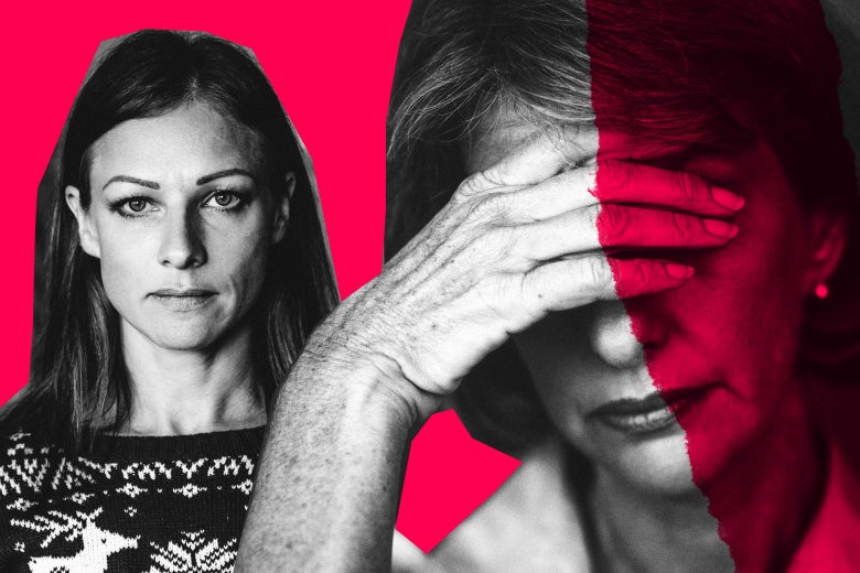 Woman looking upset and mother looking judgmental and ashamed.
